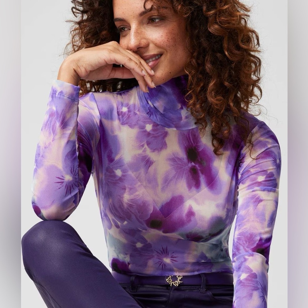 NWT White House Black Market Purple Floral Mesh Turtleneck.  Size XS.